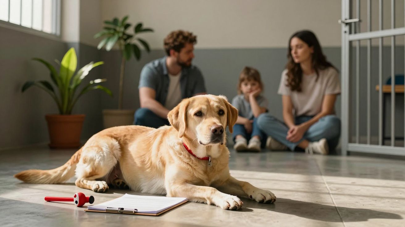 Cão Labrador deitado no chão, com uma família desfocada ao fundo, e plantas e brinquedos por perto.