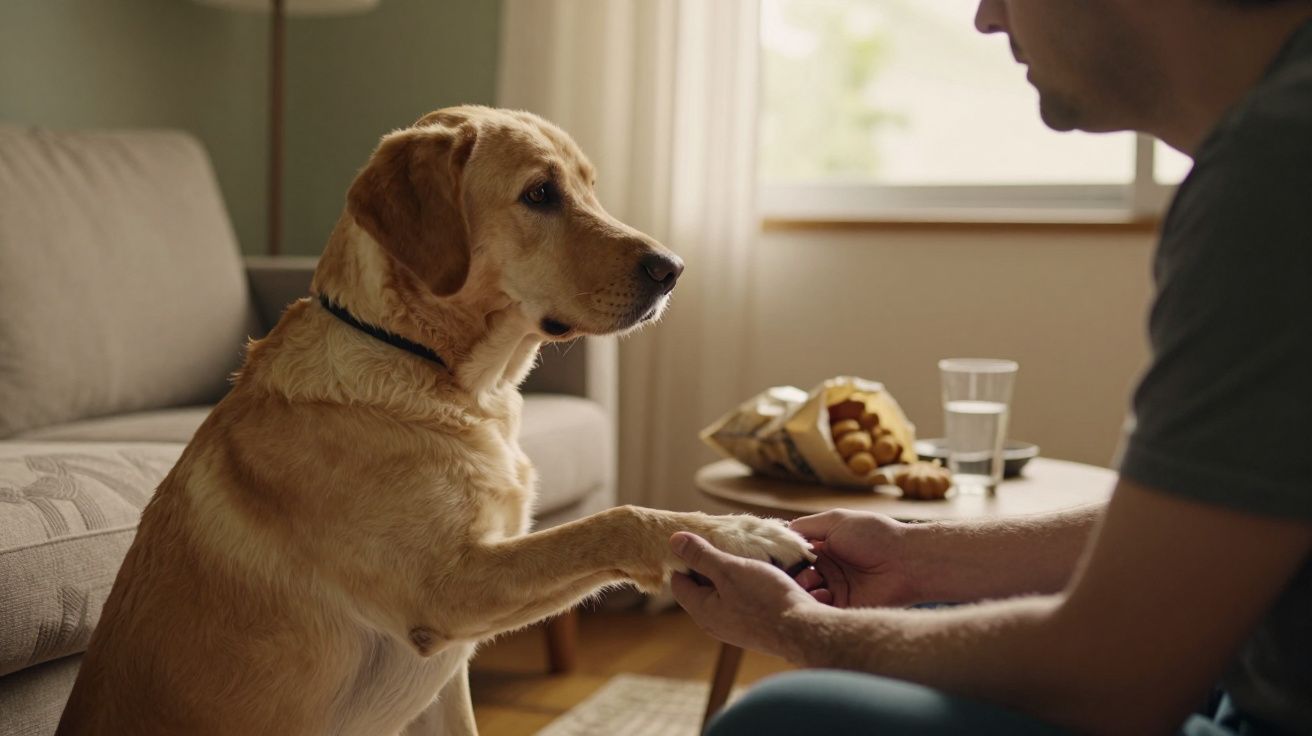 Cão Labrador dá a pata a um homem sentado numa sala com sofá, bolachas e copo de água numa mesa ao fundo.