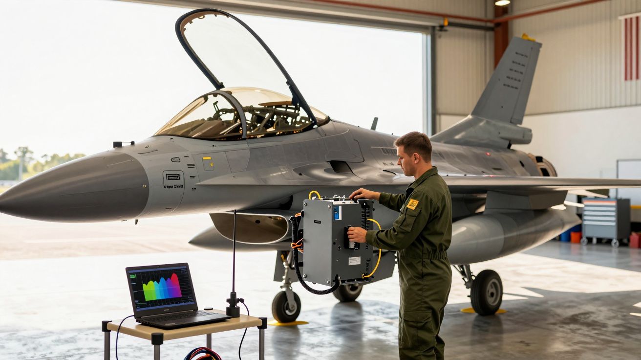 Técnico em uniforme ajusta equipamento ao lado de um avião de guerra em hangar com laptop exibindo gráficos coloridos.