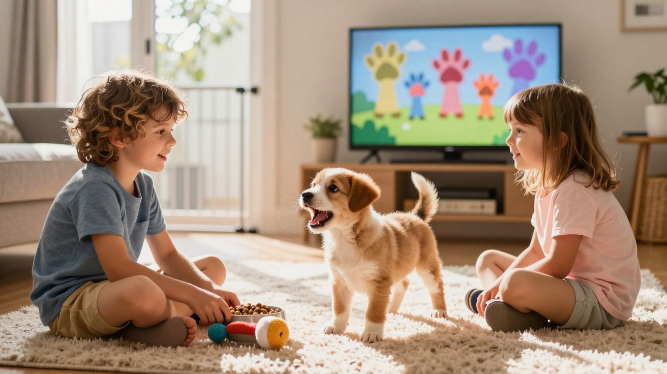 Duas crianças e um cachorro brincam felizes no tapete de uma sala, com a TV ligada ao fundo mostrando desenhos animados.