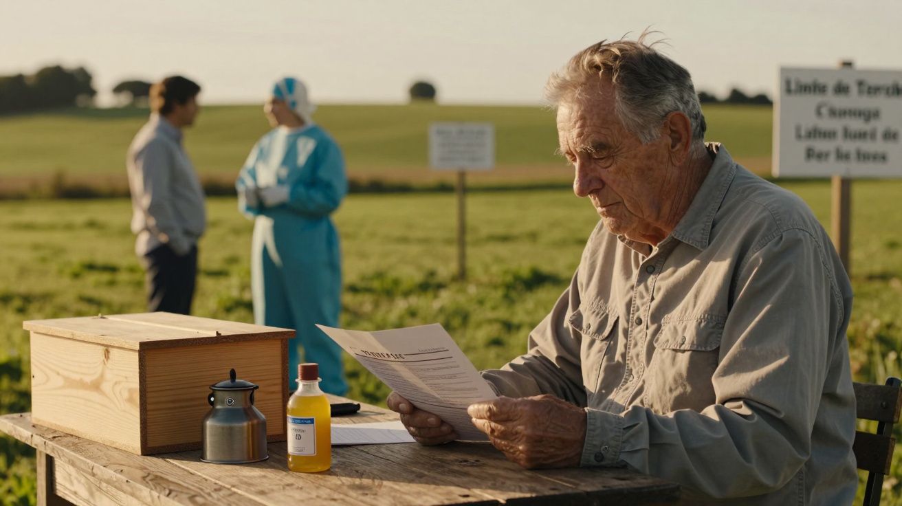 Idoso lê um documento sentado numa mesa de madeira ao ar livre, com um campo verde ao fundo.