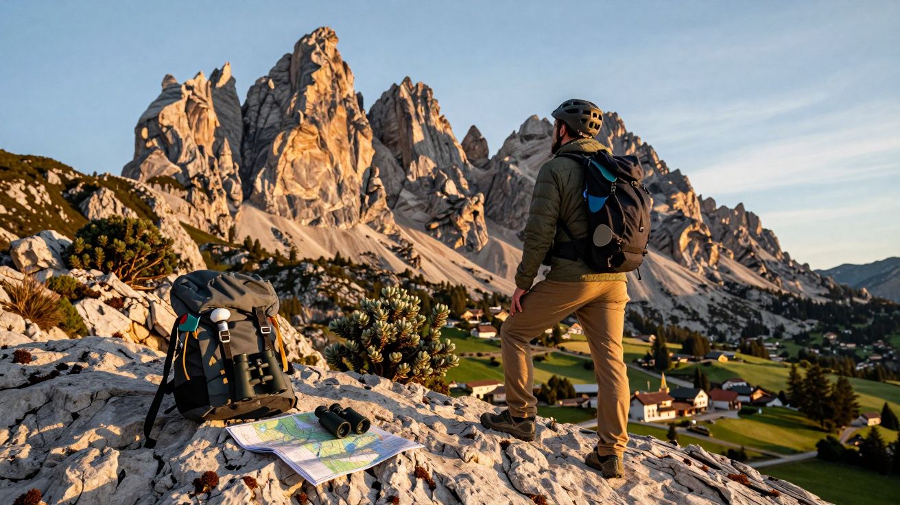 Pessoa a admirar montanhas ao pôr do sol, mochila e mapa no solo, vilarejo ao fundo.