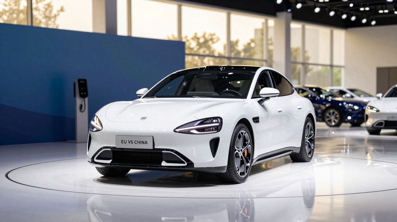 Carro elétrico branco em exposição, com design moderno e elegante, em ambiente de showroom iluminado.