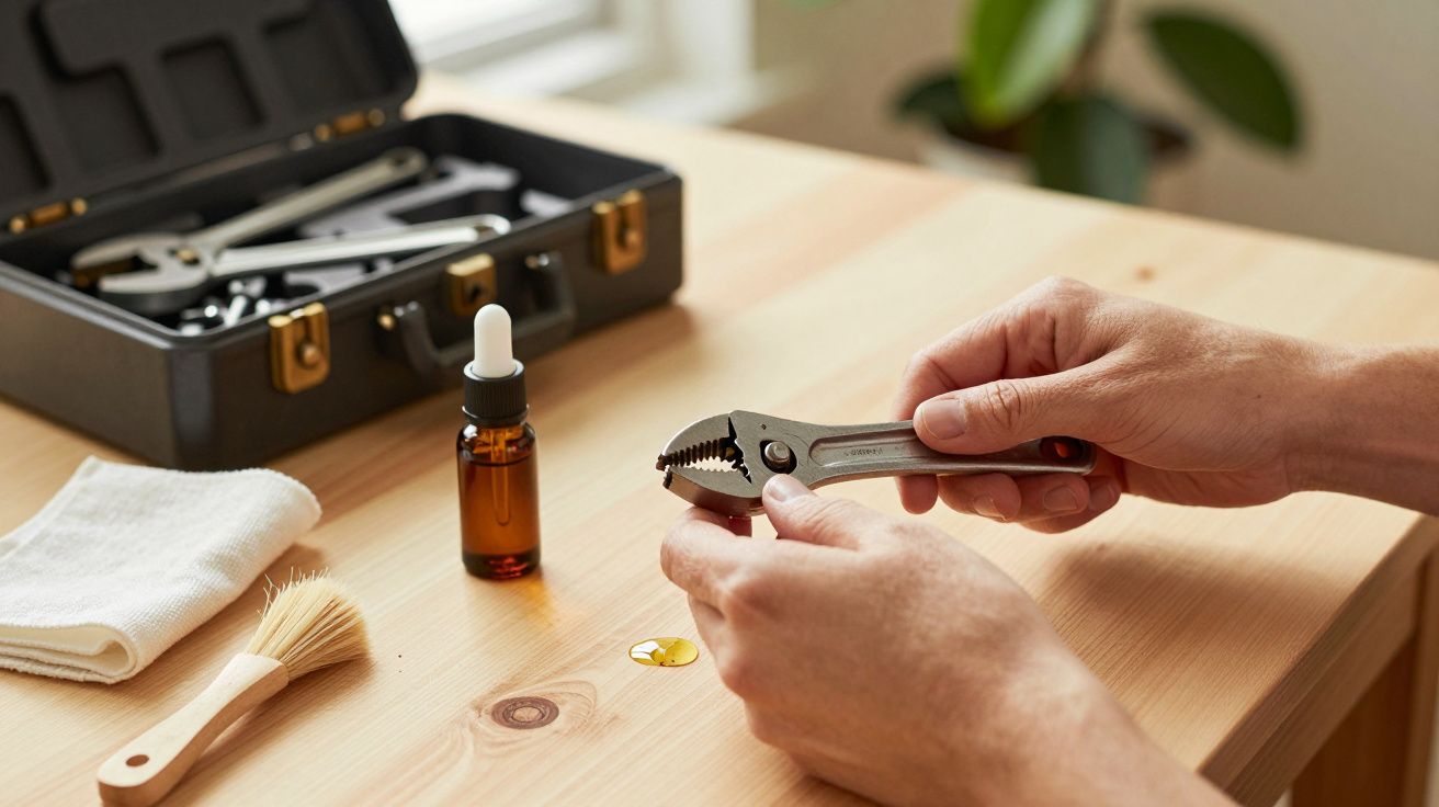 Pessoa segurando alicate ao lado de caixa de ferramentas, frasco de óleo, pincel e pano sobre mesa de madeira.
