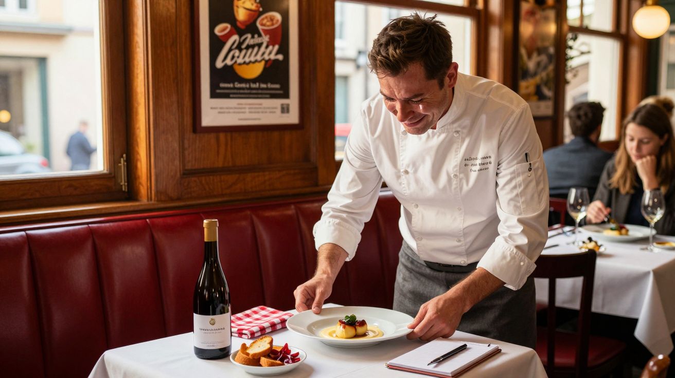 Chef coloca prato na mesa de restaurante com garrafa de vinho e caderno. Pessoas ao fundo.