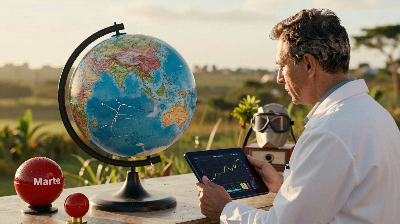Cientista observa um globo terrestre e usa um tablet ao ar livre, com uma esfera vermelha rotulada "Marte" ao lado.