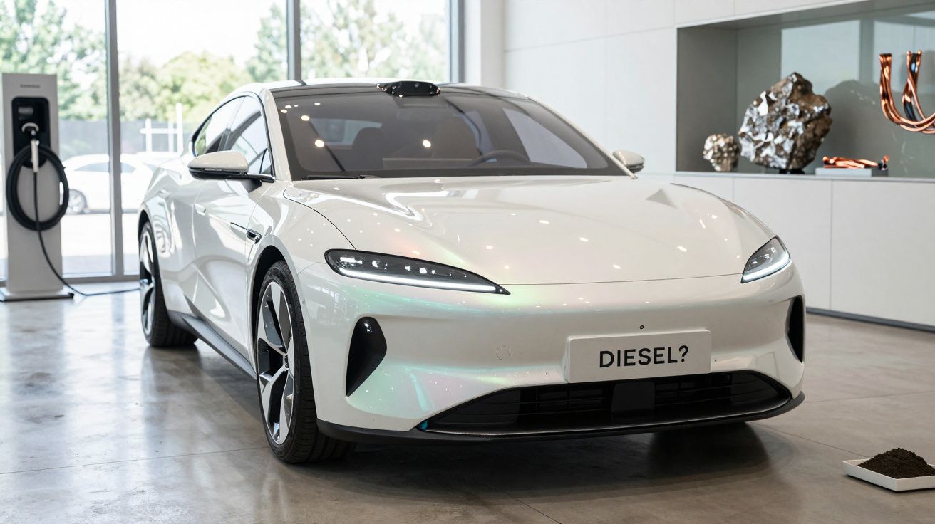 Carro elétrico branco em exposição interior, com placa dianteira "DIESEL?" e carregador ao fundo.
