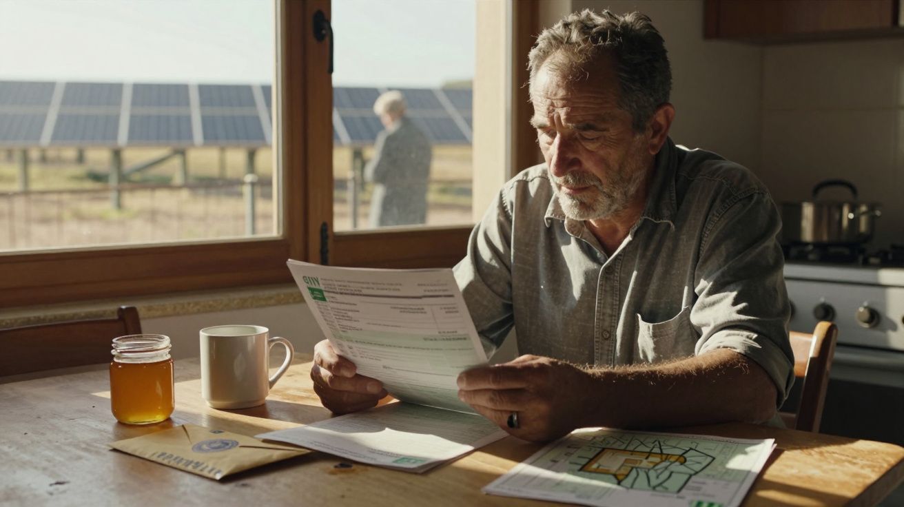 Homem sentado à mesa, analisando documentos. Ao fundo, painéis solares e uma paisagem campestre.
