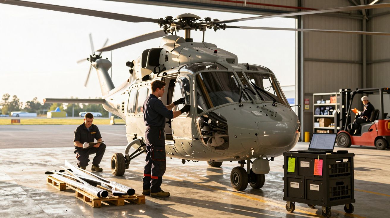 Mecânicos trabalham na manutenção de um helicóptero em hangar, com um elevador e material de apoio ao lado.