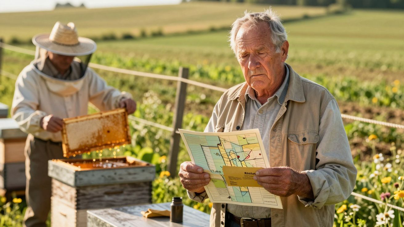 Homem idoso lendo mapa ao ar livre, com apicultor ao fundo perto de colmeias num campo verdejante.