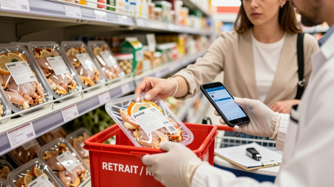 Pessoa no supermercado a colocar embalagem de carne numa caixa vermelha de recolha, usando luvas e verificando no telemóvel.