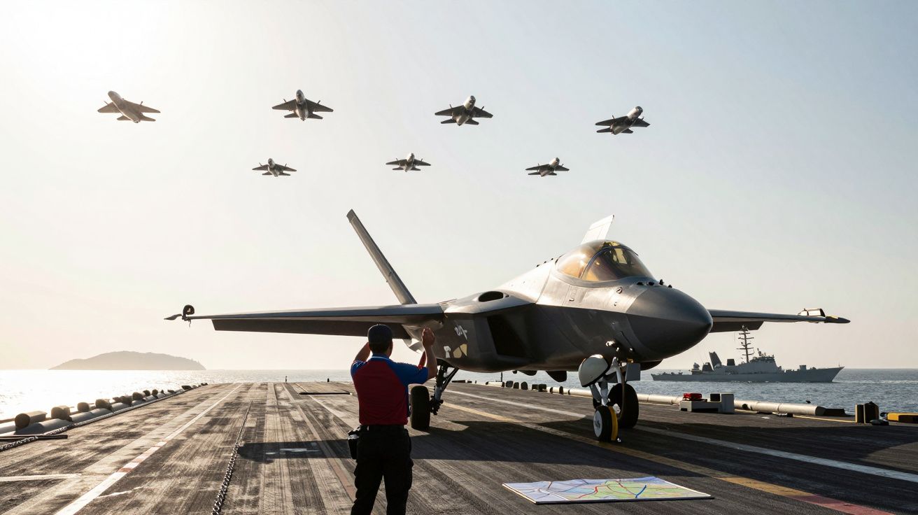 Avião militar no porta-aviões com sete caças no ar; operador de pista gesticula à frente.