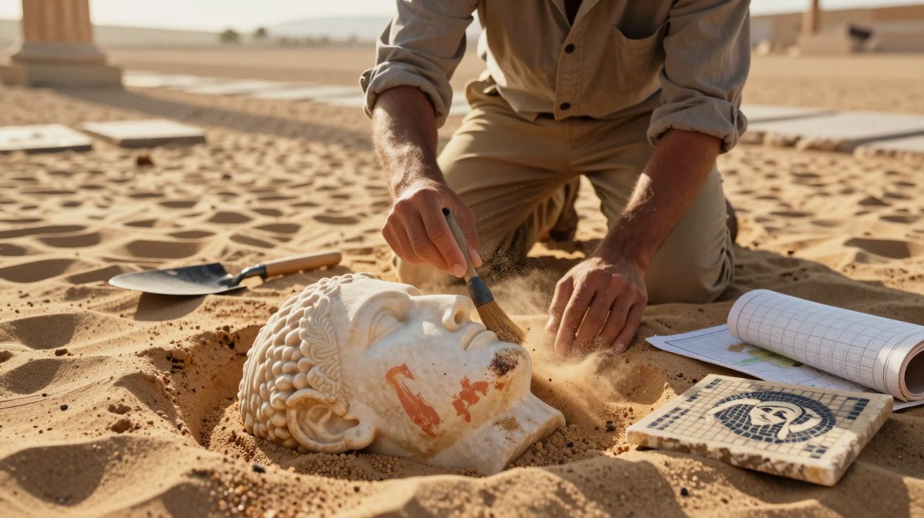 Arqueólogo escava e limpa um busto antigo na areia usando um pincel, com caderno e ferramenta ao lado.