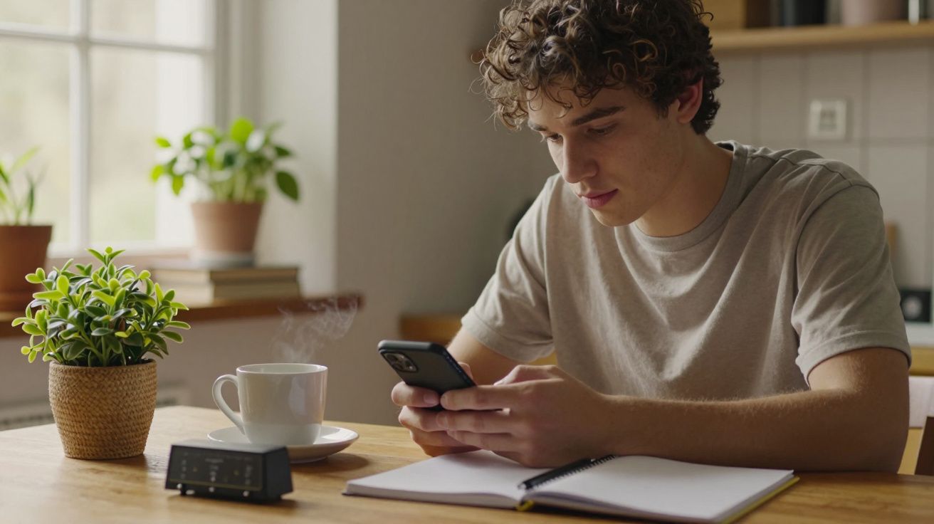 Jovem sentado à mesa, concentrado no telemóvel, com chávena, planta e bloco de notas ao lado. Ambiente caseiro e sereno.