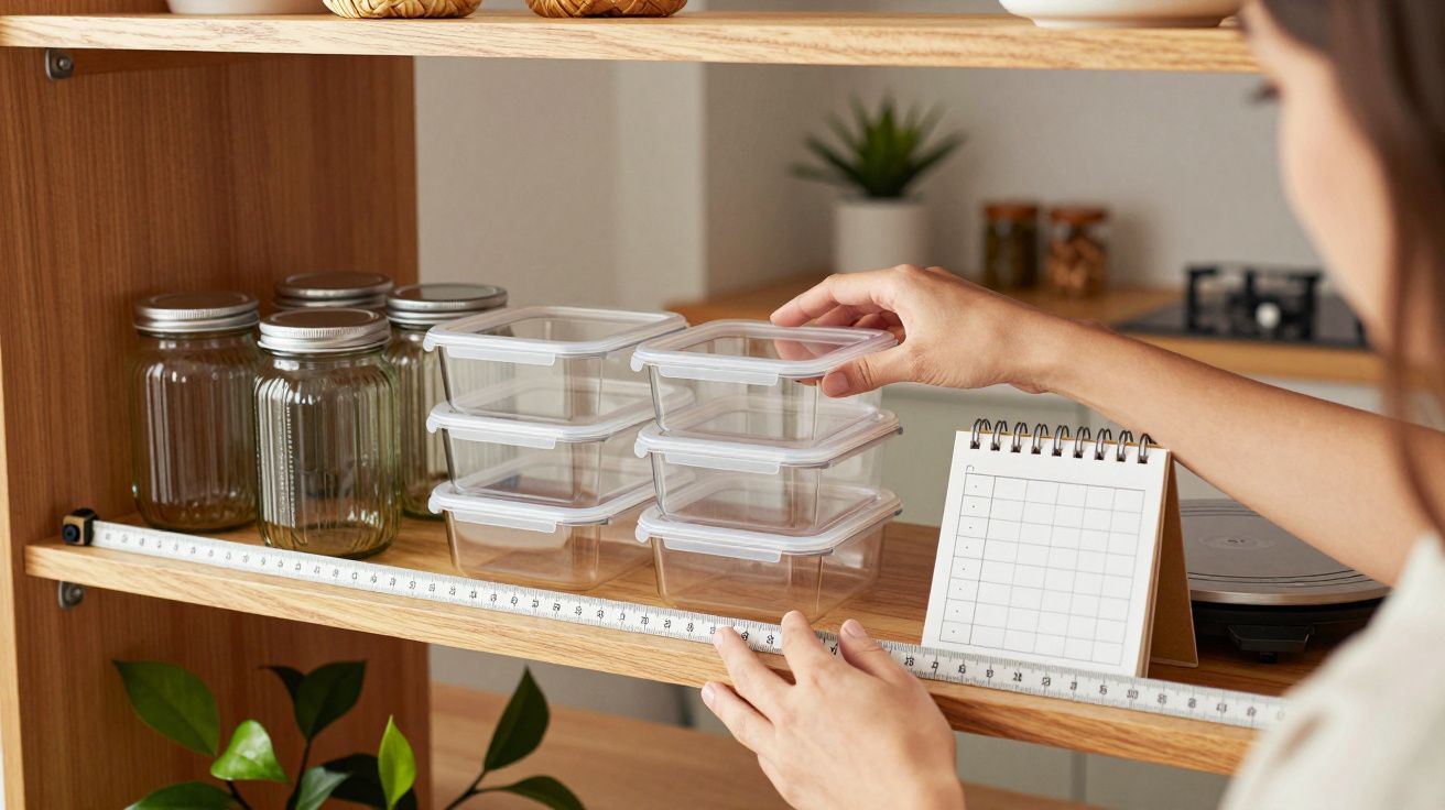 Pessoa organiza potes plásticos e frascos de vidro numa prateleira de cozinha, com bloco de notas ao lado.