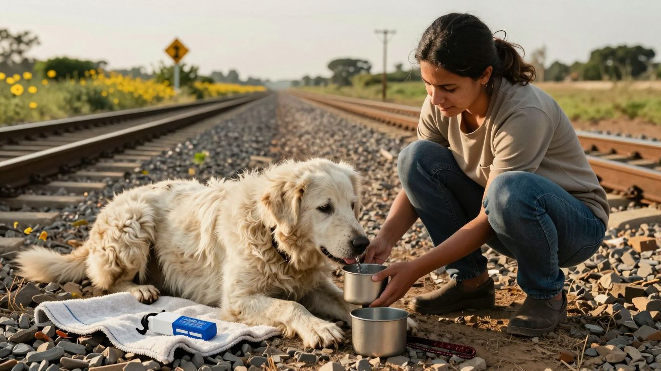 Mulher cuida de cão grande ao lado de linhas de comboio, com tigelas de água e comida, num cenário rural.