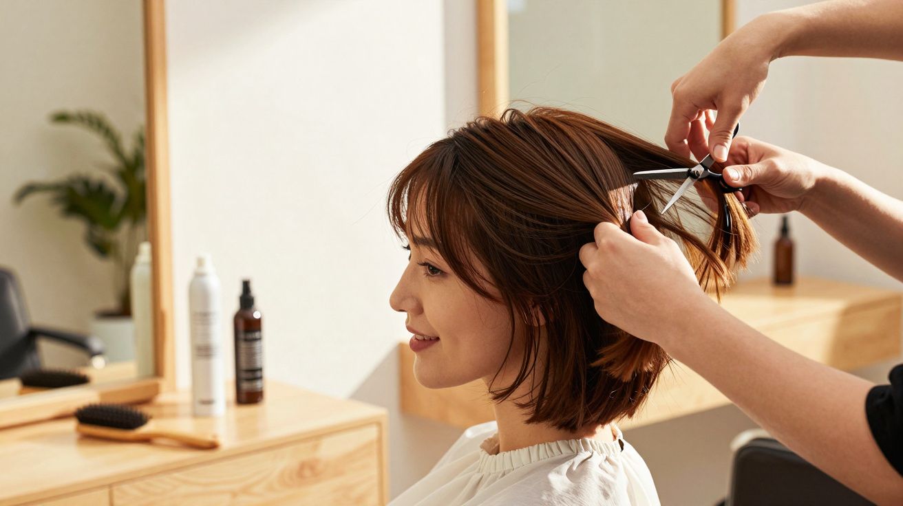 Mulher a cortar cabelo em salão, com pente e tesoura.