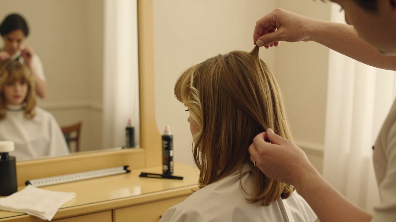 Cabeleireiro ajusta cabelo de cliente frente a espelho, com frascos de produtos no balcão.