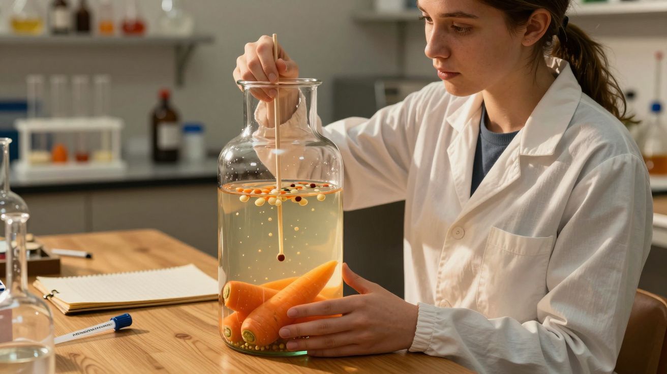 Jovem cientista em laboratório analisa cenouras em frasco com líquido, usando vareta para observações experimentais.