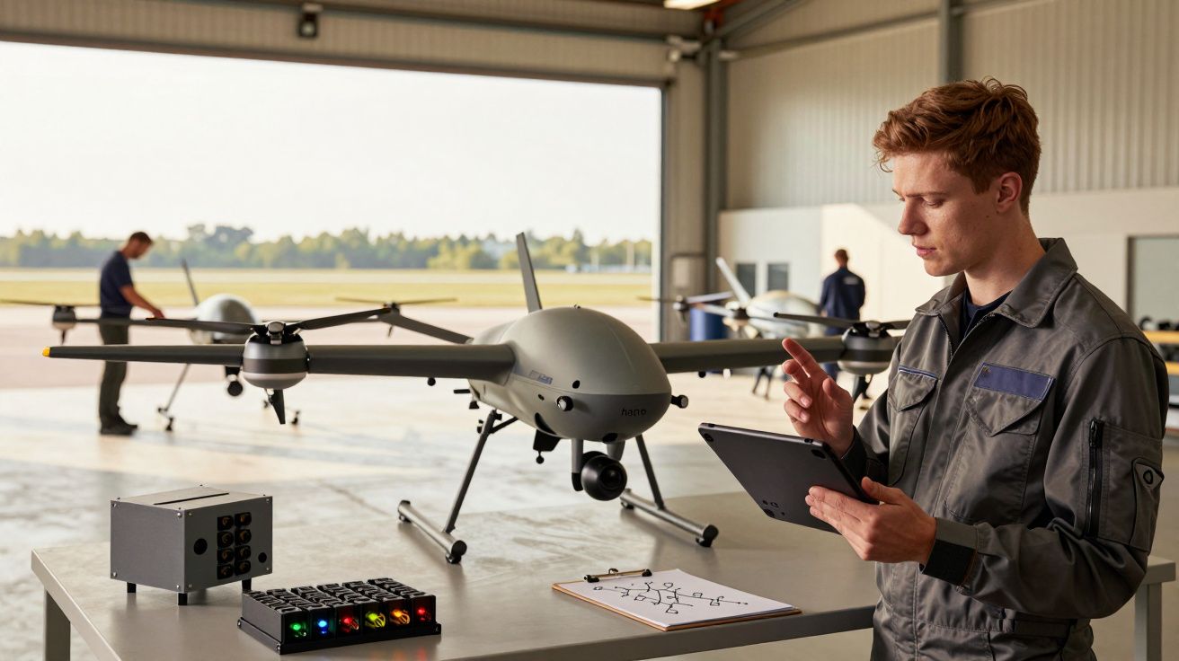 Homem num hangar a controlar um drone com um tablet, enquanto outro homem trabalha ao fundo com outro drone.