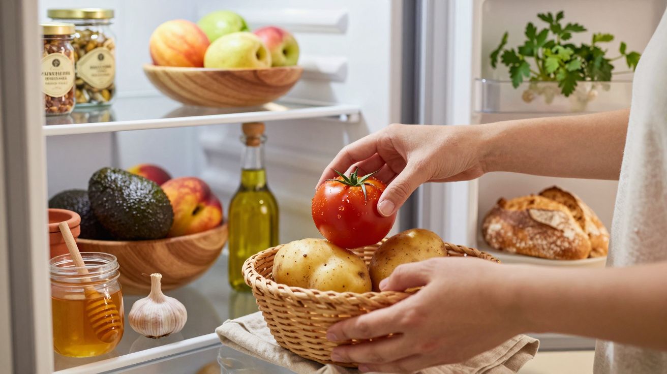 Pessoa a guardar um tomate num frigorífico aberto, com cesto de batatas, fruta, alho, mel e pão.
