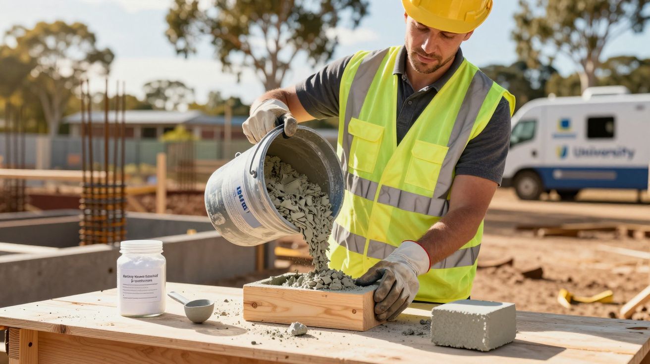 Homem de colete refletor e capacete despeja composto em molde de madeira, num estaleiro de construção.
