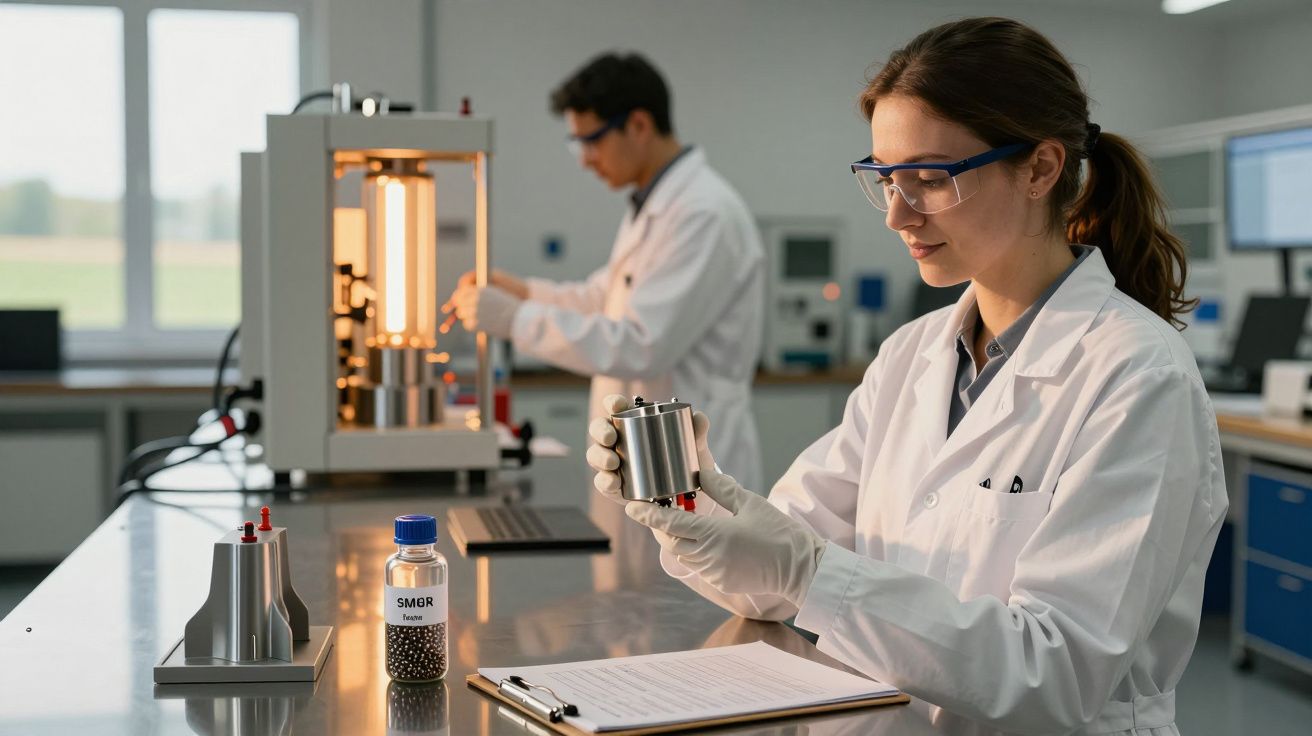 Cientistas em laboratório analisam amostras, usando equipamentos e vestindo jalecos e óculos de proteção.
