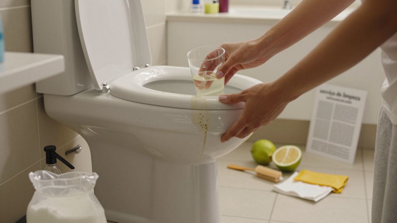 Pessoa despeja líquido de um copo sobre sanita, provavelmente para limpar; citrinos e produtos ao fundo.