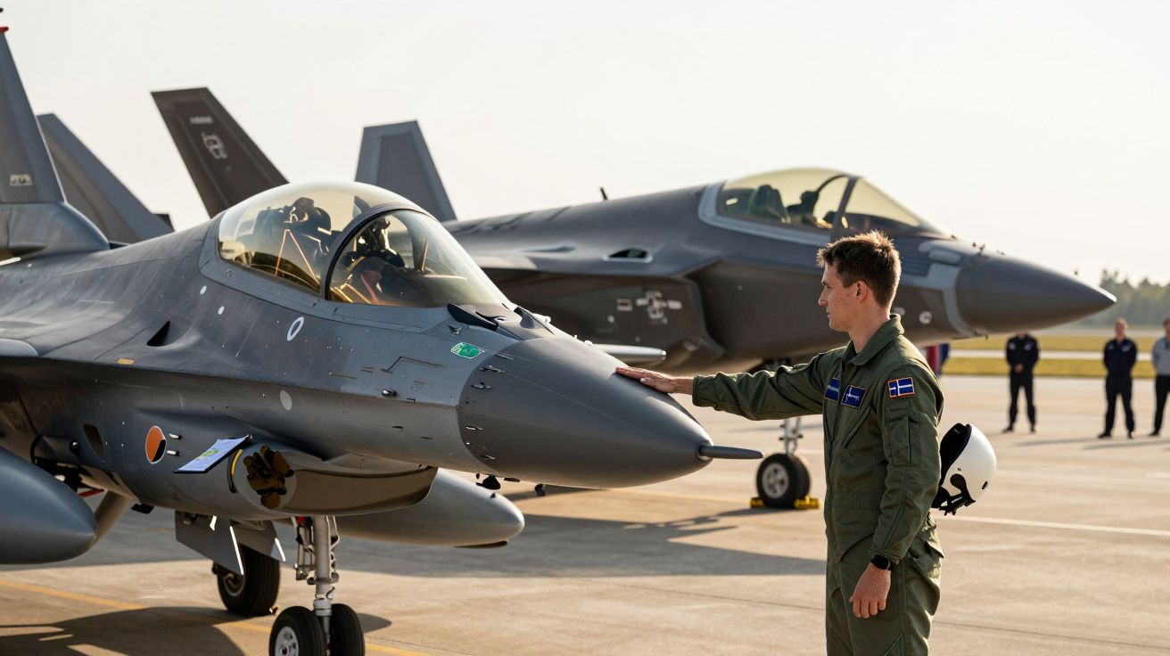 Piloto em uniforme militar toca num jato de combate na pista, com outro avião e pessoas ao fundo.