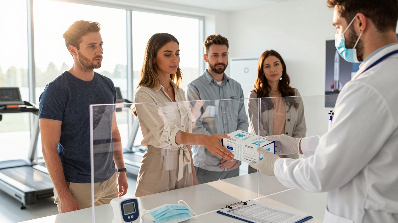 Grupo de pessoas a receber kits médicos de um profissional de saúde atrás de uma divisória de acrílico.