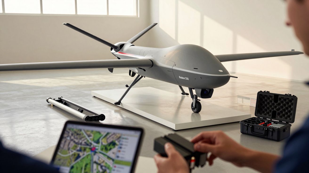 Drone cinzento em exposição, com pessoa a controlá-lo através de um comando e portátil ao fundo.