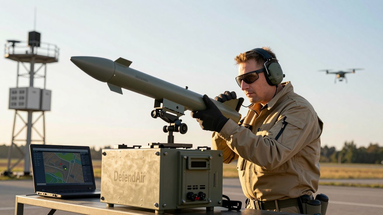 Homem em uniforme opera equipamento anti-drone ao lado de portátil, com torre de vigilância e drone ao fundo.