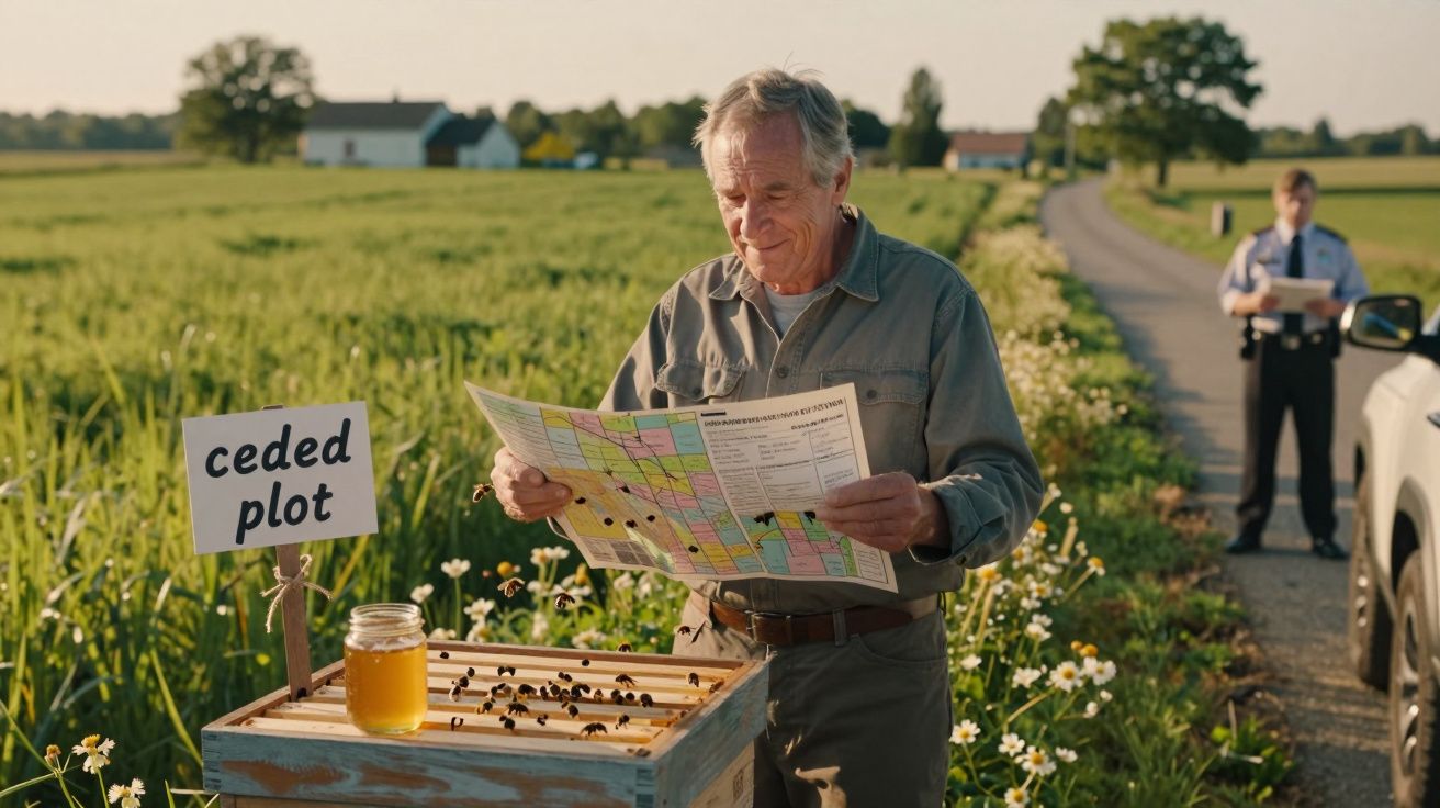 Homem idoso analisa mapa ao lado de colmeia com frasco de mel, em campo ao ar livre, enquanto polícia observa ao fundo.