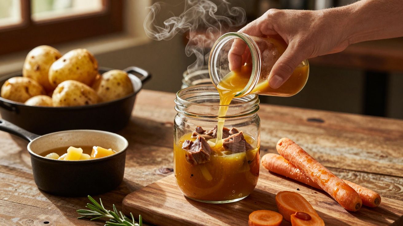 Mão vertendo caldo quente num frasco com carne. Batatas e cenouras no fundo, sobre uma mesa de madeira.