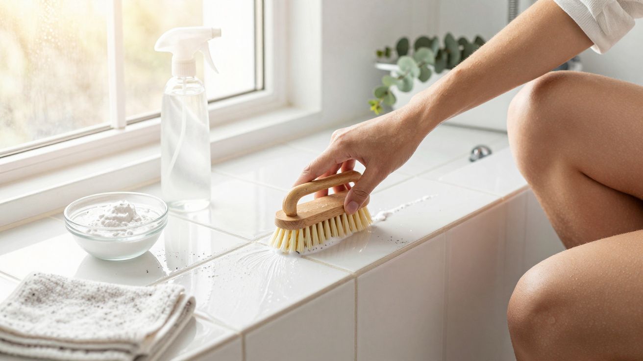 Pessoa limpa azulejos brancos de casa de banho com uma escova, perto de janela com luz natural. Produtos de limpeza ao lado.