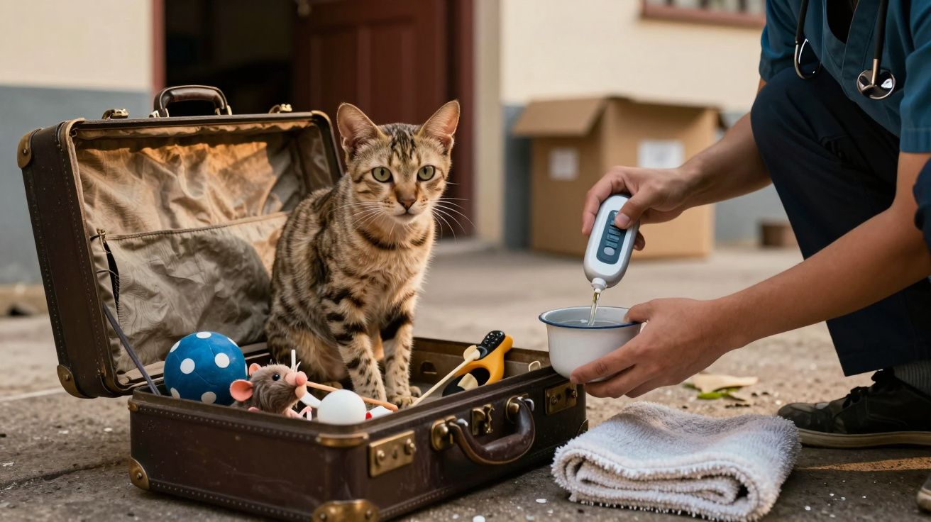 Gato dentro de uma mala aberta com brinquedos; pessoa prepara comida ao lado com uma colher doseadora.