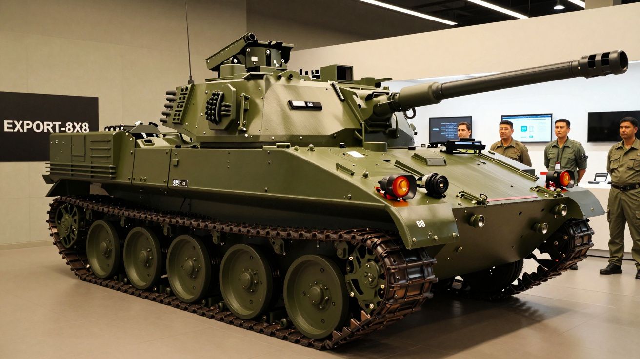 Tanque militar verde em exposição, com rodas de lagarta, apresentado numa sala com quatro pessoas ao fundo.