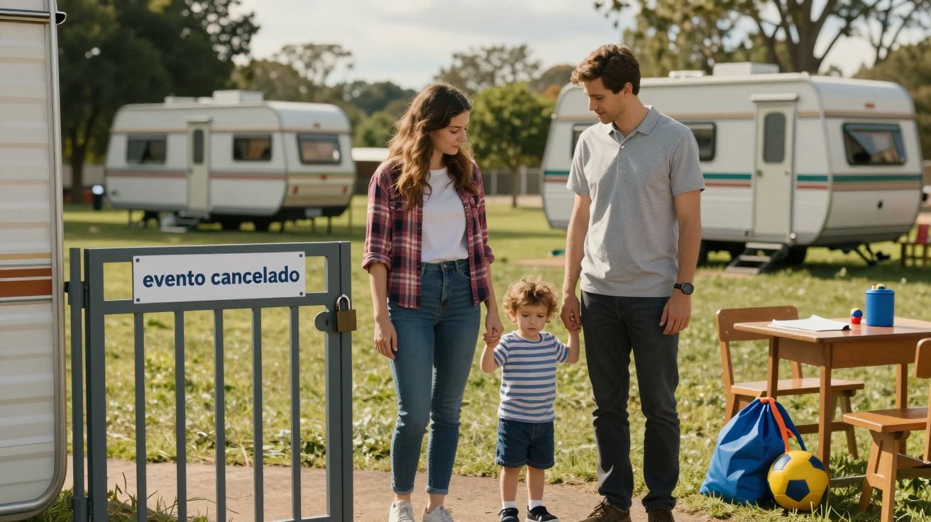 Família com criança ao lado de caravana, em frente a um portão com o aviso "evento cancelado" em um parque.