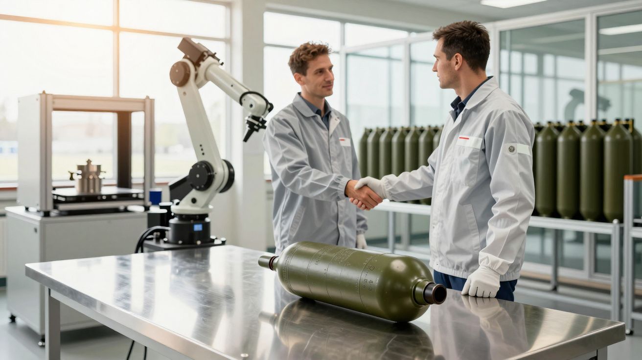 Dois homens em jalecos brancos apertam as mãos em laboratório com robô e cilindros metálicos sobre a mesa.