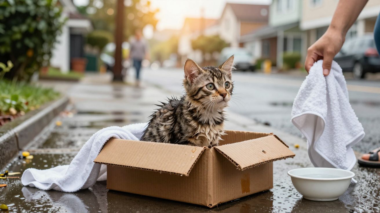 Gato molhado numa caixa de cartão na rua, com uma pessoa a segurar uma toalha e uma tigela de água ao lado.
