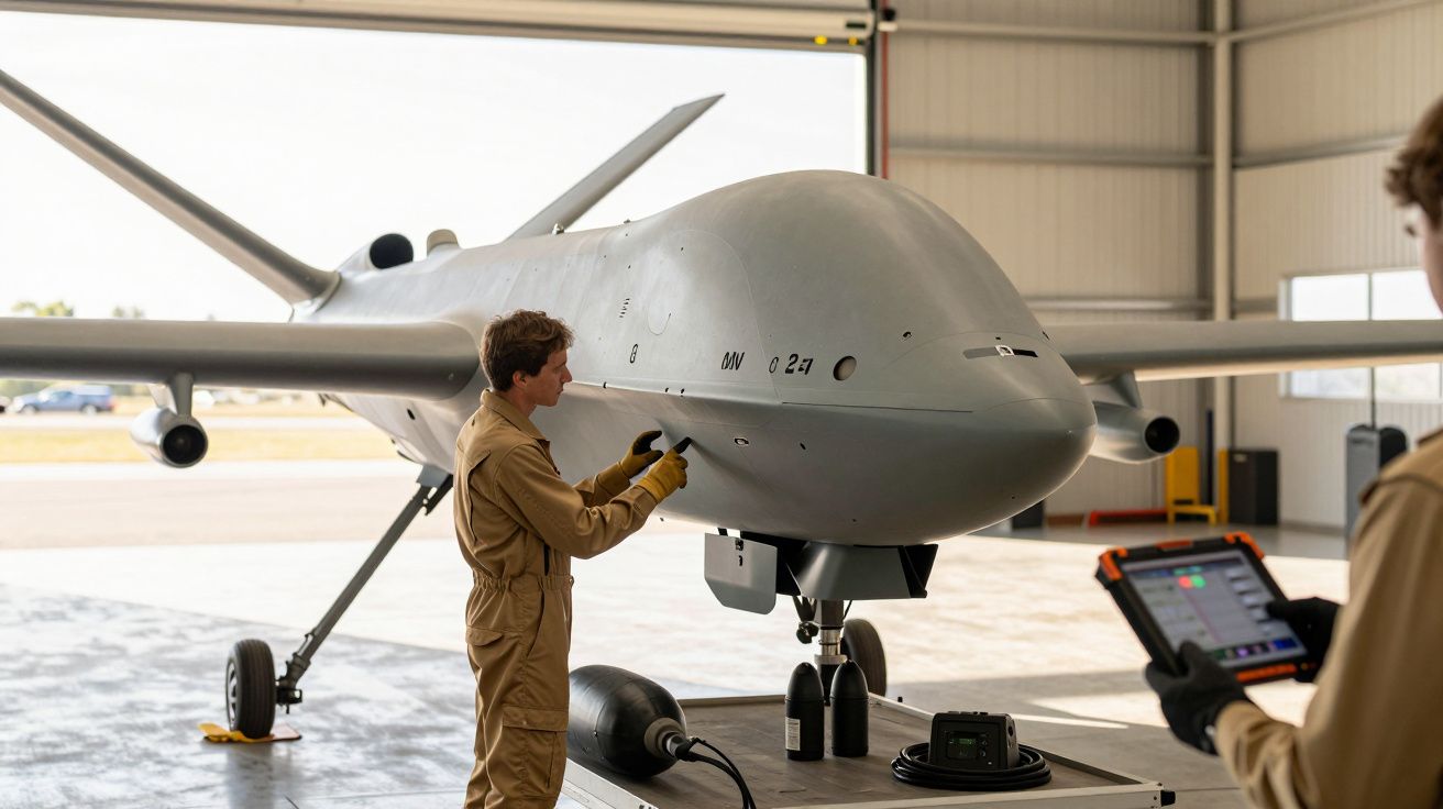Técnico de uniforme bege inspeciona um drone grande num hangar, enquanto outro segura um tablet à direita.