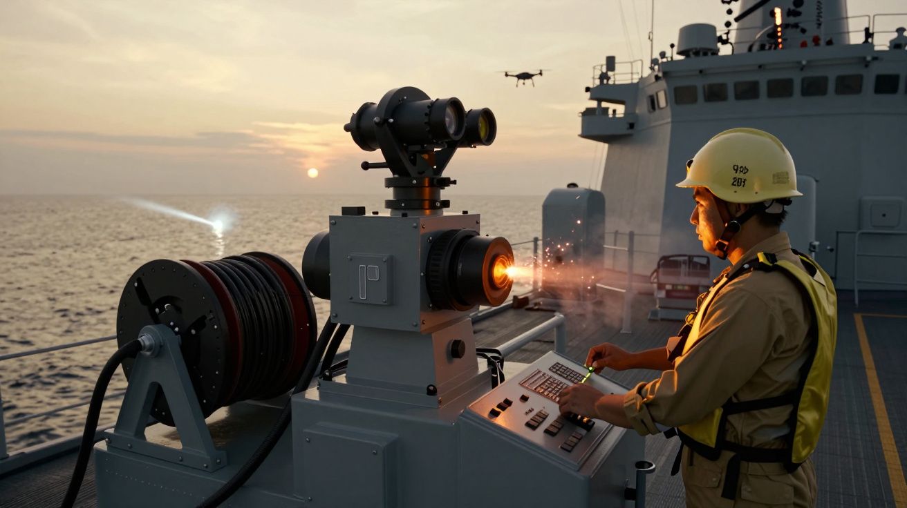 Operador num navio controla equipamento tecnológico ao pôr do sol, com um drone a voar no fundo sobre o mar.