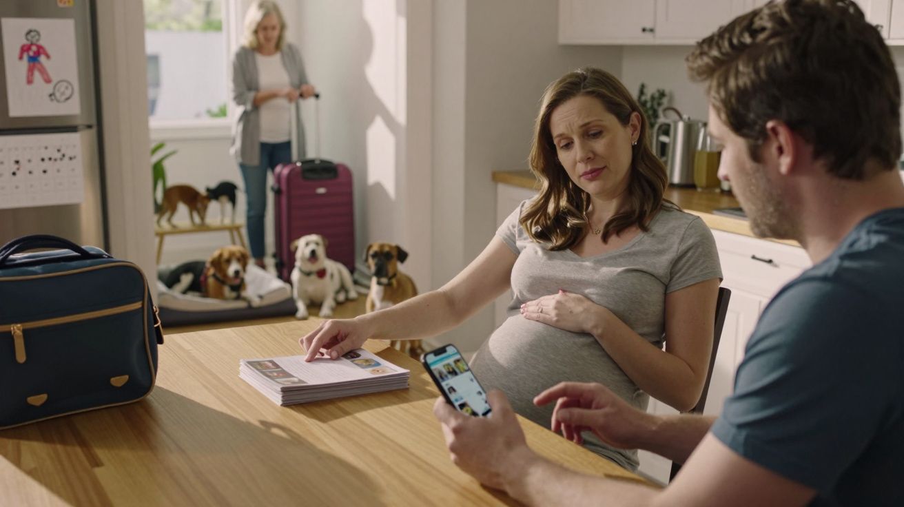 Mulher grávida sentada à mesa com homem, olhando para telemóvel. Ao fundo, três cães e mulher com mala de viagem.
