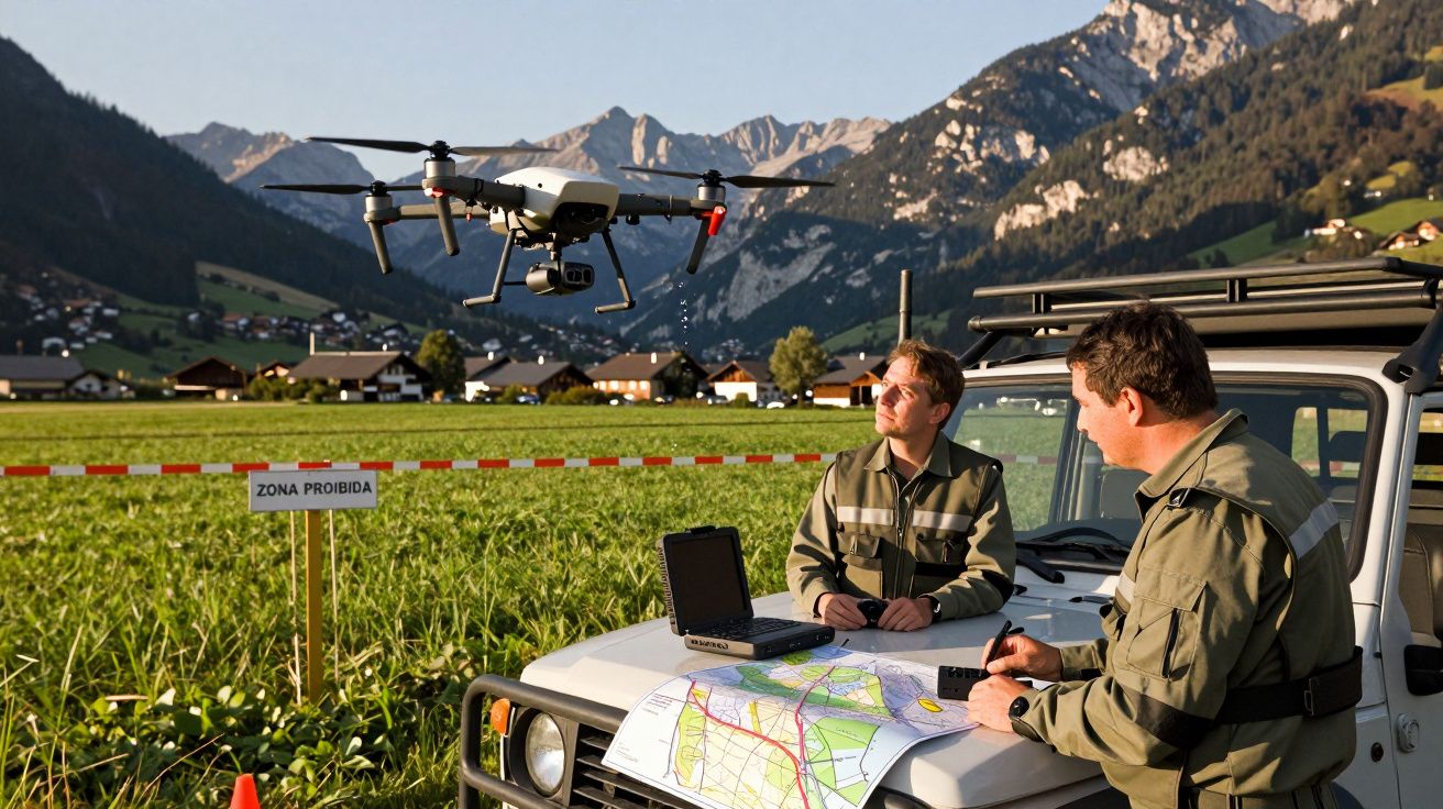Dois homens monitorizam um drone junto a um jipe, com mapas, num vale alpino, cercados por montanhas.