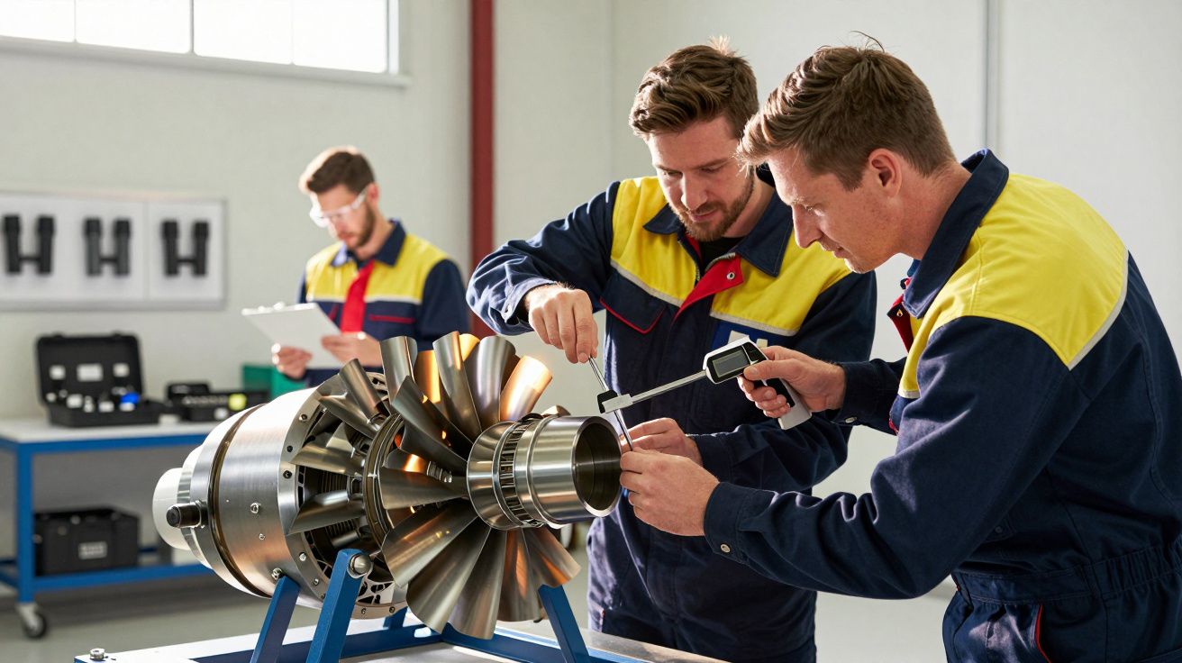 Dois técnicos medem uma peça metálica industrial numa oficina, enquanto outro técnico consulta um tablet ao fundo.