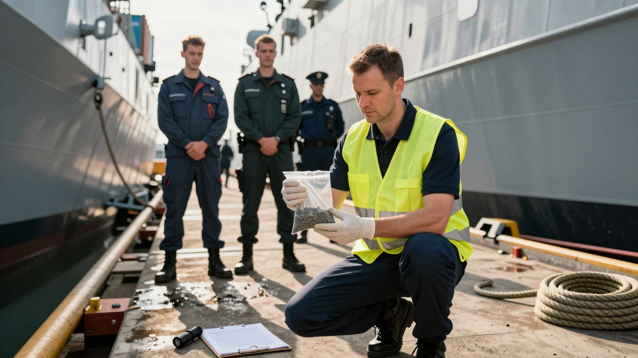 Homem de colete refletor ajoelhado no cais examinando amostra em saco plástico, com três homens em farda ao fundo.