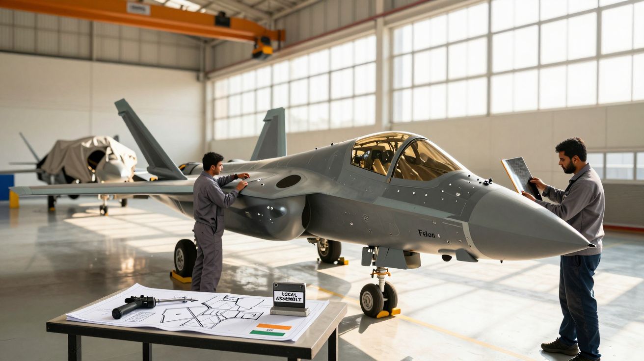 Dois engenheiros trabalham num avião a jato cinzento dentro de um hangar iluminado, com documentos e ferramentas numa mesa.
