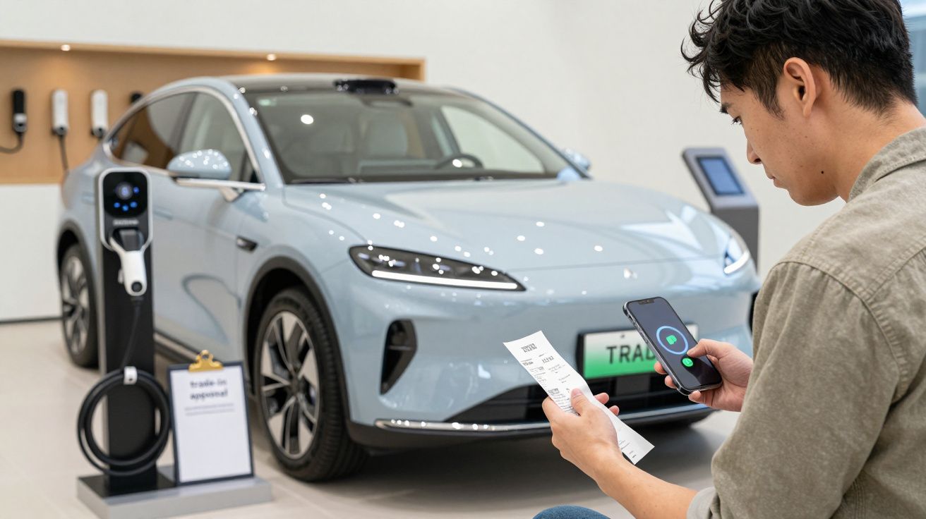 Homem usando smartphone sentado em frente a carro elétrico cinzento claro numa sala de exposição com carregador visível.