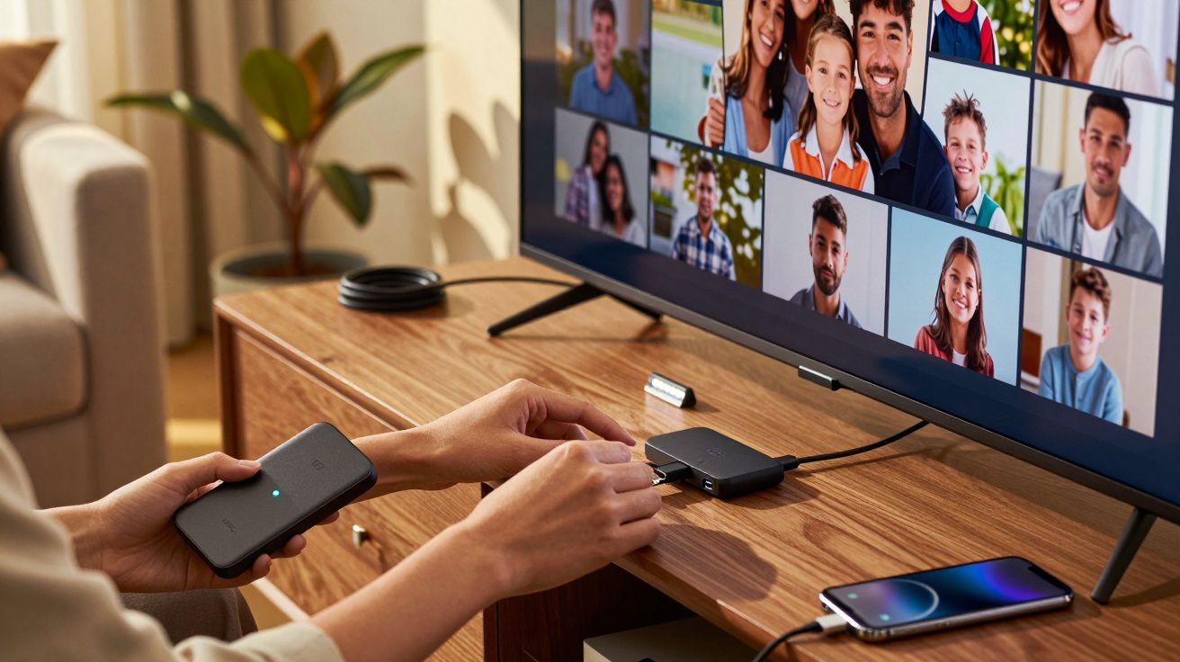 Pessoa conecta dispositivo ao televisor mostrando videoconferência com várias pessoas, num ambiente de sala de estar.