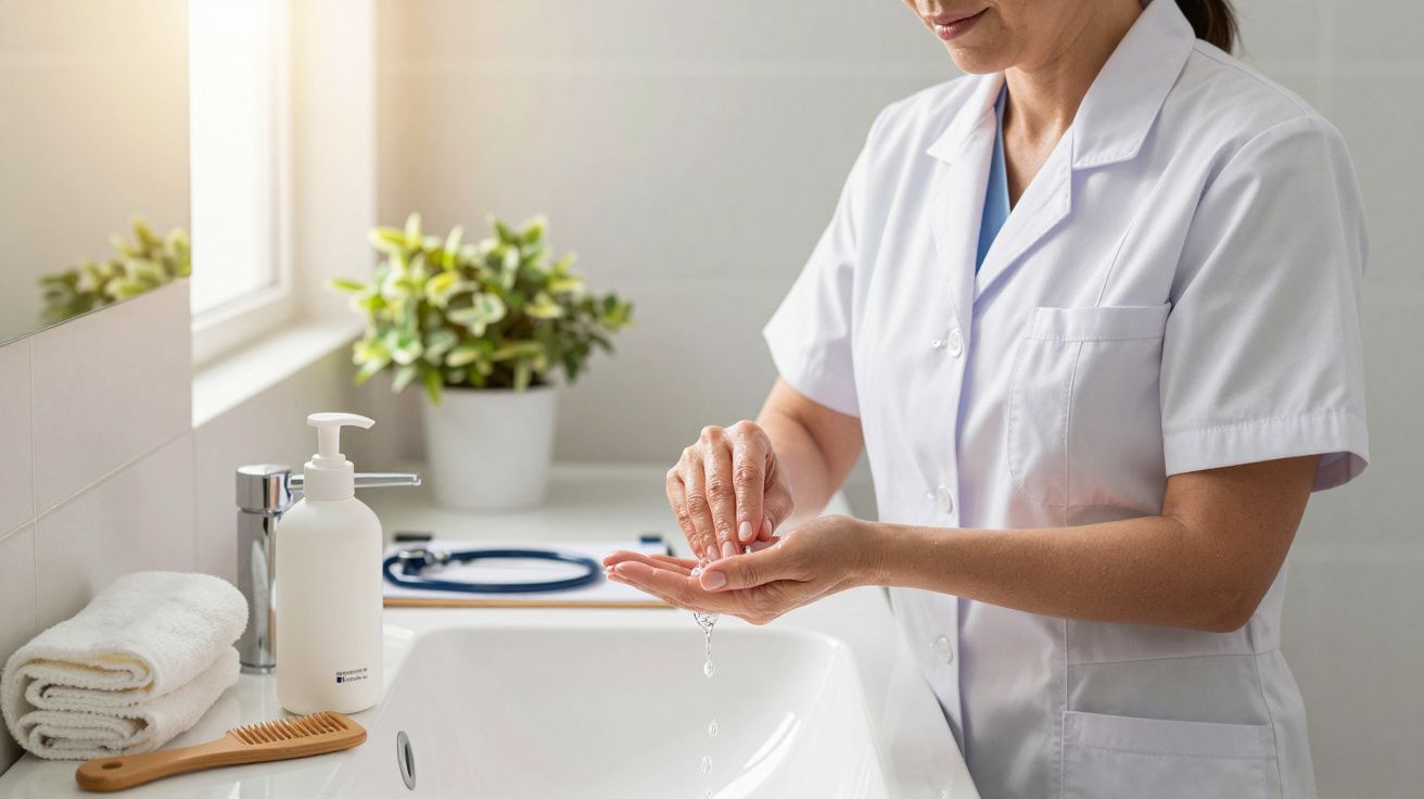 Pessoa de bata branca a lavar as mãos num lavatório com sabonete líquido. Toalhas e pente ao lado. Planta ao fundo.